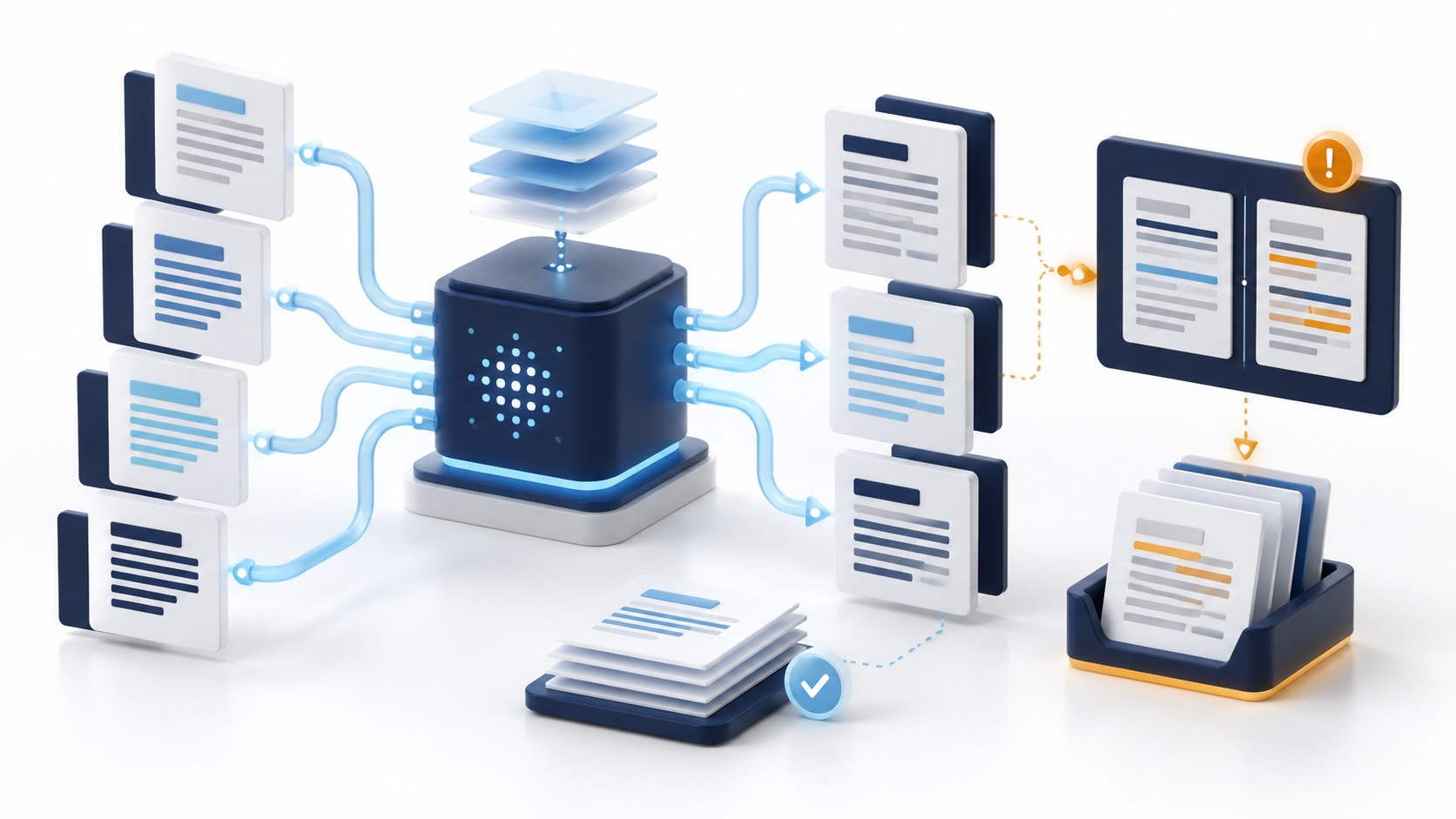 Traitement de documents multilingues par l'IA avec contrôle qualité et alertes, illustrant les limites de l'automatisation