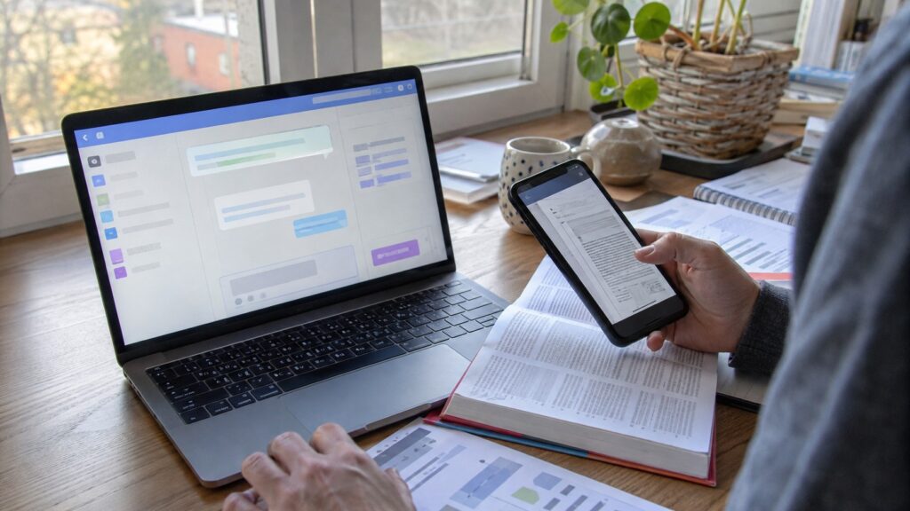 IA de traduction utilisée sur ordinateur portable avec interface conversationnelle générique, comparaison d’un document sur smartphone, dictionnaire ouvert, rapports imprimés et carnet de notes sur bureau en bois près d’une fenêtre, contrôle humain des limites de la traduction automatique, lumière naturelle ensoleillée, prise de vue documentaire Panasonic GH4, grand-angle 24–28 mm, profondeur de champ modérée, couleurs neutres peu saturées, format 16:9, août 2026