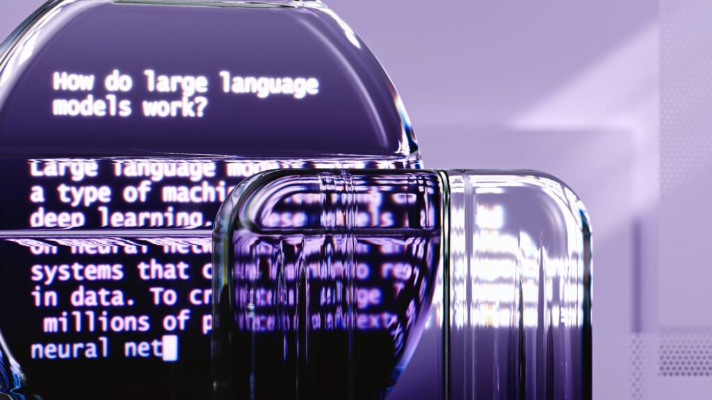Fonctionnement des grands modèles de langage LLM, interface numérique violette avec texte explicatif en anglais, réseaux neuronaux et apprentissage profond, objets transparents déformant l’affichage, intelligence artificielle, format 16:9, 2026