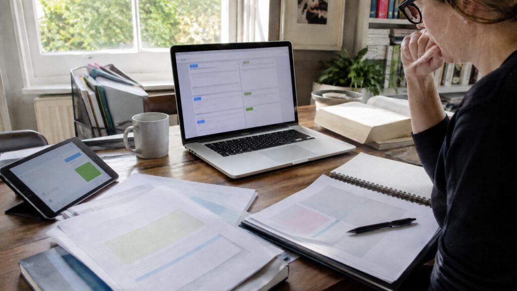 bureau_de_traduction_à_domicile_avec_femme_devant_ordinateur_portable_affichant_interface_de_traduction_en_ligne_tablette_outil_gratuit_documents_imprimés_carnet_spiralé_stylo_livres_et_tasse_lumière_naturelle_ensoleillée_photo_documentaire_Panasonic_GH4_grand_angle_24_28_mm_format_16_9_août_2026