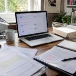 bureau_de_traduction_à_domicile_avec_femme_devant_ordinateur_portable_affichant_interface_de_traduction_en_ligne_tablette_outil_gratuit_documents_imprimés_carnet_spiralé_stylo_livres_et_tasse_lumière_naturelle_ensoleillée_photo_documentaire_Panasonic_GH4_grand_angle_24_28_mm_format_16_9_août_2026
