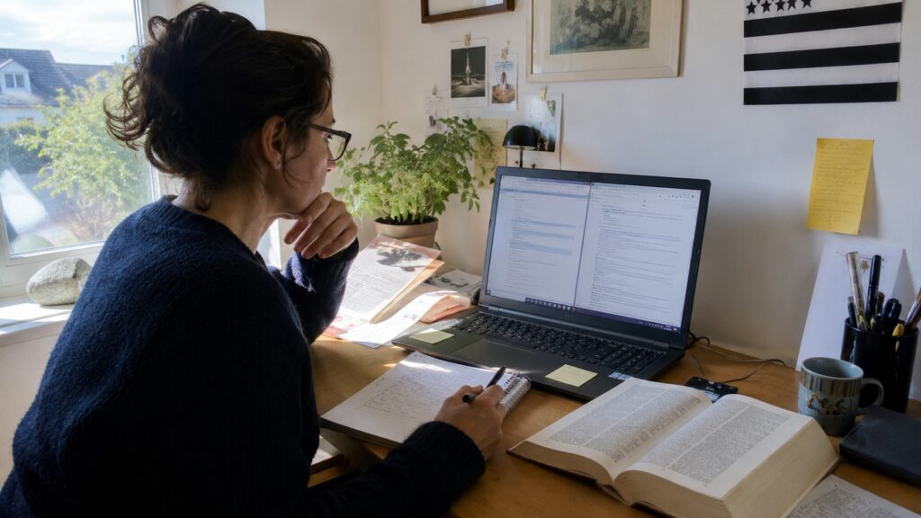 Traductrice humaine travaillant sur une traduction breton français devant un ordinateur portable, avec dictionnaire ouvert, notes manuscrites, documents de référence et drapeau breton, lorsque la traduction automatique ne suffit plus, photo documentaire Panasonic GH4, 23 juillet 2026, format 16:9.