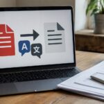 Traduction de PDF sur ordinateur portable, écran affichant conversion de documents et symboles multilingues, dossier imprimé avec graphiques, stylo et tasse sur bureau en bois, photo documentaire Panasonic GH4, lumière naturelle intérieure, 2026