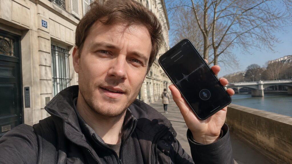 homme testant une application de traduction vocale sur smartphone noir avec interface micro et forme d’onde audio, selfie en extérieur sur un quai parisien au bord de la Seine, immeuble haussmannien en pierre, pont urbain, arbres sans feuilles, ciel bleu et lumière naturelle ensoleillée, cadrage grand-angle 24–28 mm, profondeur de champ modérée, rendu documentaire réaliste Canon EOS R6, août 2026