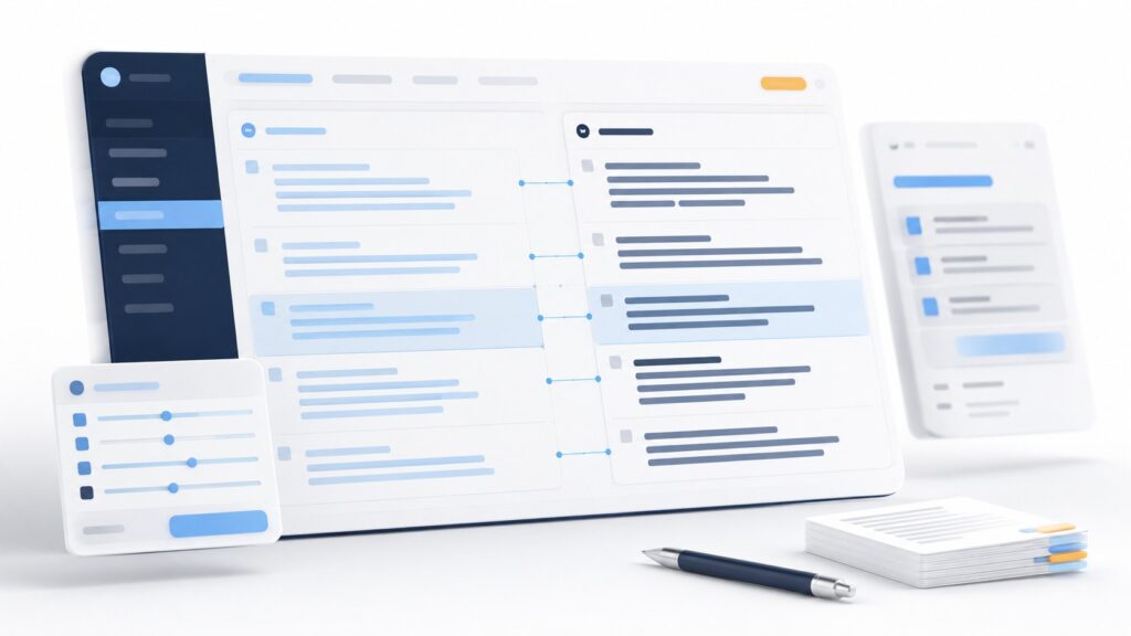 interface_3D_logiciel_traduction_multilingue_vue_perspective_panneaux_source_cible_cote_a_cote_blocs_paragraphes_alignés_connecteurs_correspondance_menu_lateral_bleu_navy_panneaux_flottants_floutes_carte_reglages_stylo_documents_blancs_accents_bleu_ciel_ambre_fond_blanc_16_9_aout_2026