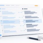 interface_3D_logiciel_traduction_multilingue_vue_perspective_panneaux_source_cible_cote_a_cote_blocs_paragraphes_alignés_connecteurs_correspondance_menu_lateral_bleu_navy_panneaux_flottants_floutes_carte_reglages_stylo_documents_blancs_accents_bleu_ciel_ambre_fond_blanc_16_9_aout_2026