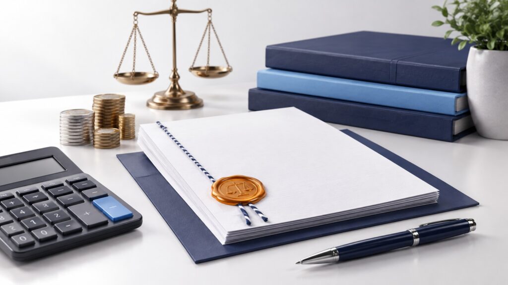 prix traduction assermentée 2026, vue 3D réaliste bureau blanc, dossier bleu marine, pile de documents officiels blancs reliés par cordon bleu et blanc, sceau de certification ambré avec balance de justice, calculatrice noire au premier plan gauche, piles de pièces métalliques dorées et argentées, balance de justice en laiton en arrière-plan, trois classeurs bleu marine et bleu ciel empilés, stylo bleu marine et métal au premier plan, éclairage studio doux depuis le haut gauche, ombres réalistes, faible profondeur de champ, composition professionnelle évoquant tarifs et coûts d’une traduction certifiée