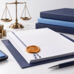 prix traduction assermentée 2026, vue 3D réaliste bureau blanc, dossier bleu marine, pile de documents officiels blancs reliés par cordon bleu et blanc, sceau de certification ambré avec balance de justice, calculatrice noire au premier plan gauche, piles de pièces métalliques dorées et argentées, balance de justice en laiton en arrière-plan, trois classeurs bleu marine et bleu ciel empilés, stylo bleu marine et métal au premier plan, éclairage studio doux depuis le haut gauche, ombres réalistes, faible profondeur de champ, composition professionnelle évoquant tarifs et coûts d’une traduction certifiée