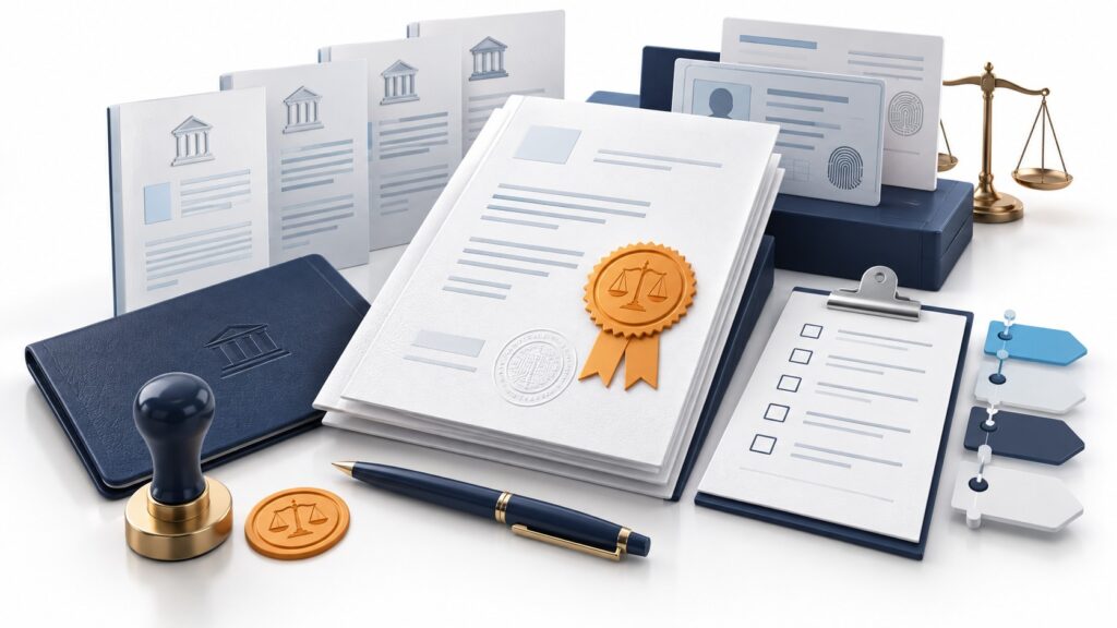 Illustration 3D premium devenir traducteur assermenté guide 2026, dossier central de documents officiels blancs, sceau de certification doré avec balance de justice, tampon administratif au premier plan, stylo bleu marine, classeur institutionnel, checklist sur presse-papiers, cartes d’identification avec empreintes digitales, dossiers administratifs alignés en arrière-plan, balance de justice métallique dorée, éléments de classement multilingue bleu clair et bleu marine, fond blanc, perspective trois-quarts, éclairage studio doux, ombres réalistes, profondeur de champ légère