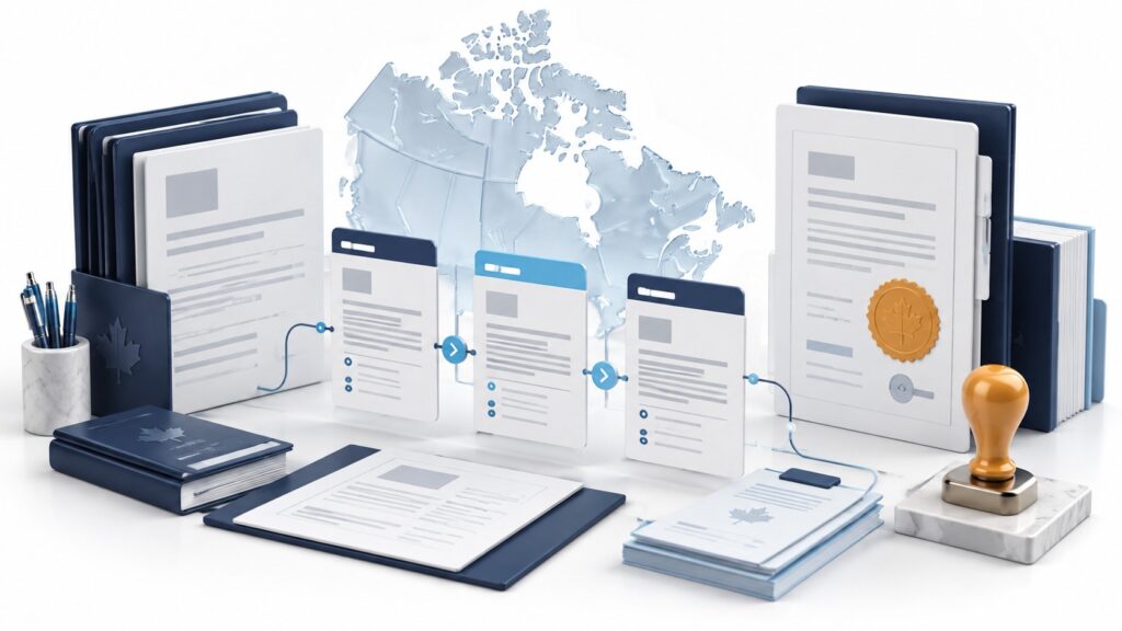 Illustration 3D premium de traduction pour le Canada, dossiers et documents administratifs blancs et bleu marine reliés par un flux de traitement, carte translucide du Canada en arrière-plan, formulaires multilingues structurés, document certifié avec sceau doré à feuille d’érable, tampon administratif orange sur socle en marbre, chemises et carnets bleu marine, palette blanc bleu ciel et ambre, septembre 2026